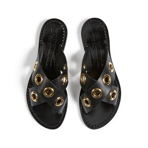 Bay of Angels Brera Black Gold Grommet Leather Criss Cross Slides Sandals 39 / 9